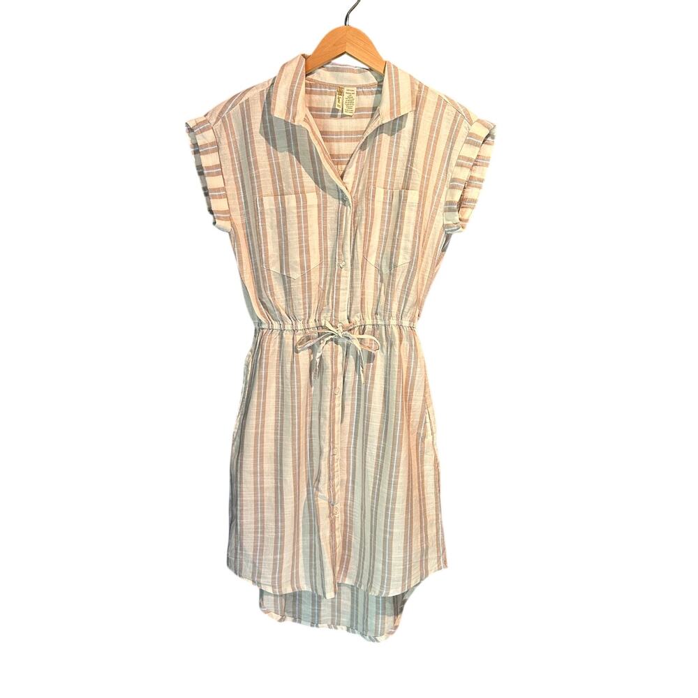 Japna XS Striped Shirt dress 100% cotton Tie Waist Natural Fiber Coastal Minimal